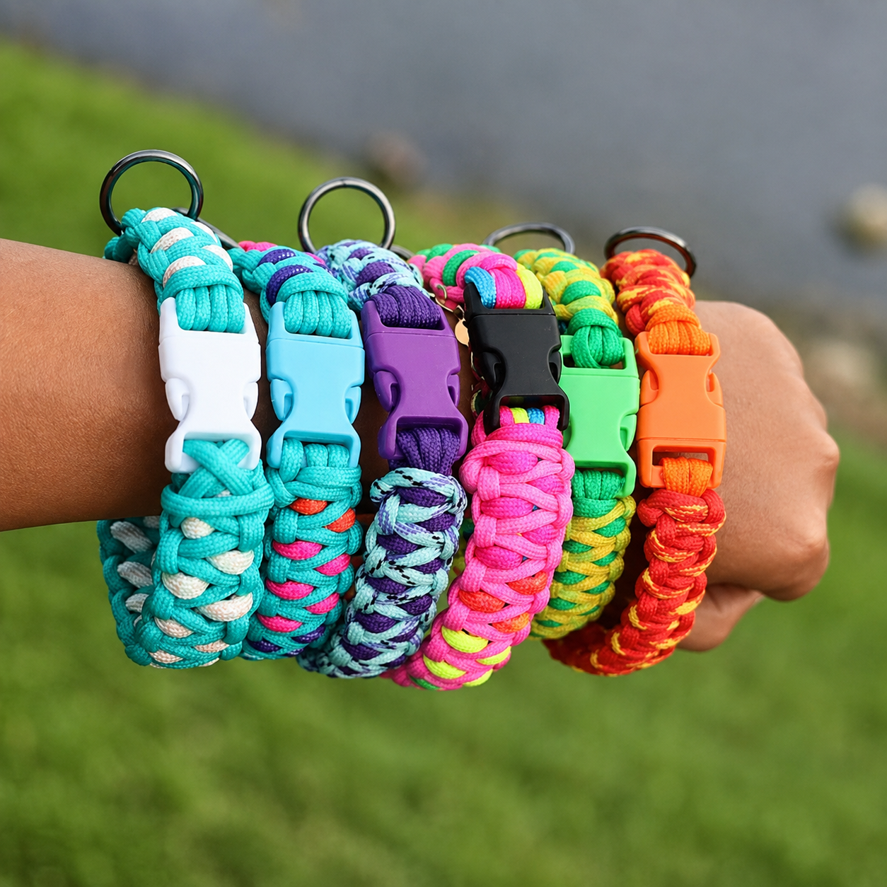 Punhado de coleiras coloridas de paracord empilhadas em pulso