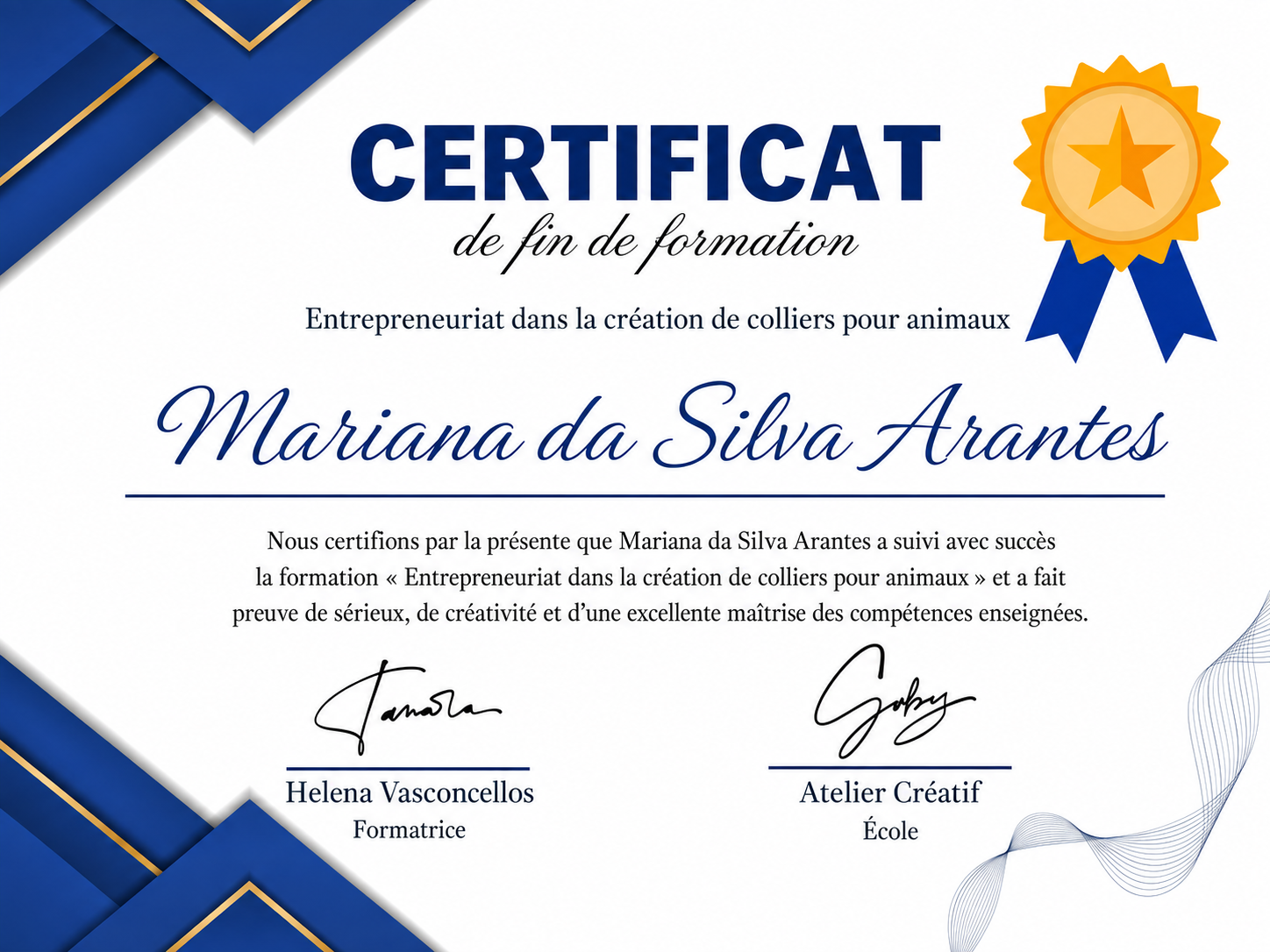 Certificado de conclusão de curso com moldura azul/dourada, selo de estrela dourada e nome Mariana da Silva Arantes